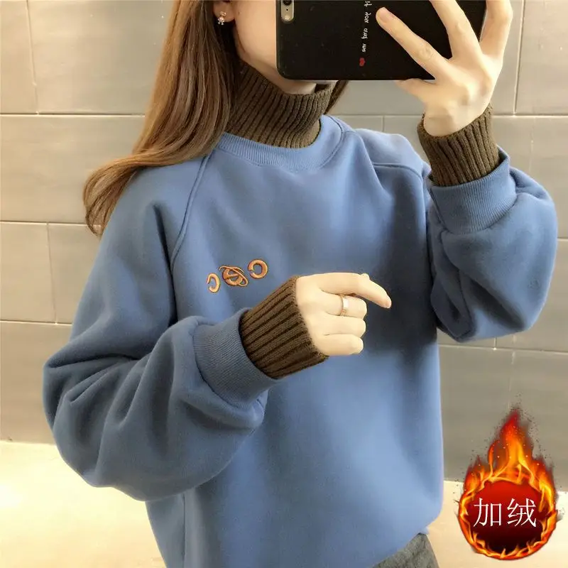 2023 Autumn and Winter Women\'s Half High Collar Long Sleeve Loose Embroidery Pullovers Korean Fashion Casual Office Lady Tops