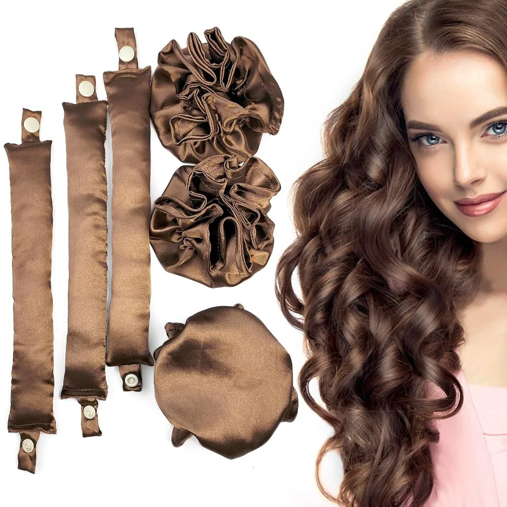 Satin Heatless Curling Rod with Hair Caps, Soft Overnight Curling Rod Headband for Long Hair, DIY Hairstyling Tools