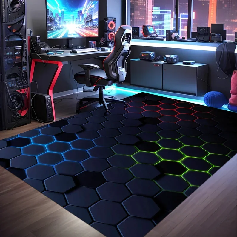 Gamer Neon Look Area Rug Tech Fabric Diatom Mud Gaming Room Playroom Bedroom Floor Mat Colorful Geometric Pattern Sports Theme Carpet Computer Desk Chair Rug Esports Home Decor Teen Room Indoor Decorative Gaming Gift Computer Room Decoration