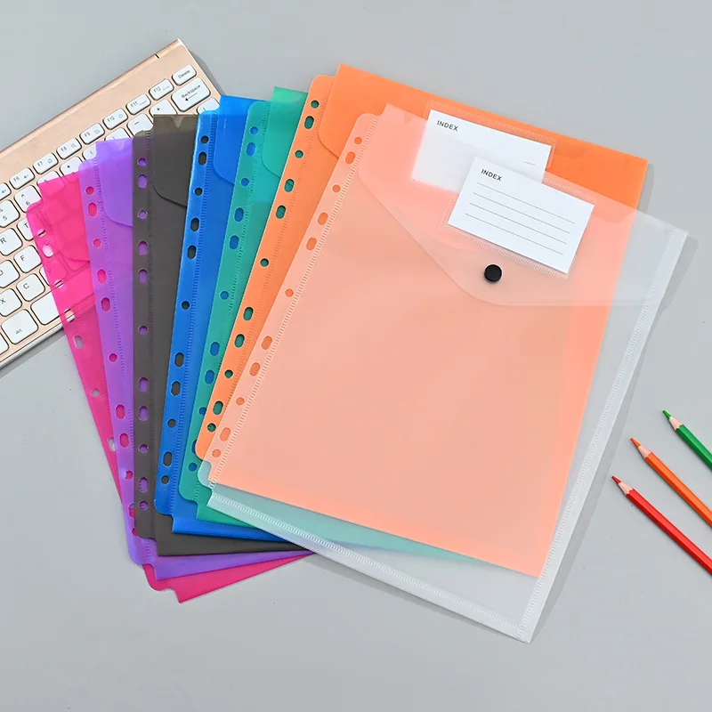 

New A4 Binder Pocket-6 Pack Plastic Envelopes Binder Folders 11 Holes for 2/3/4 Ring, Binder Folders with Snap Button and Label