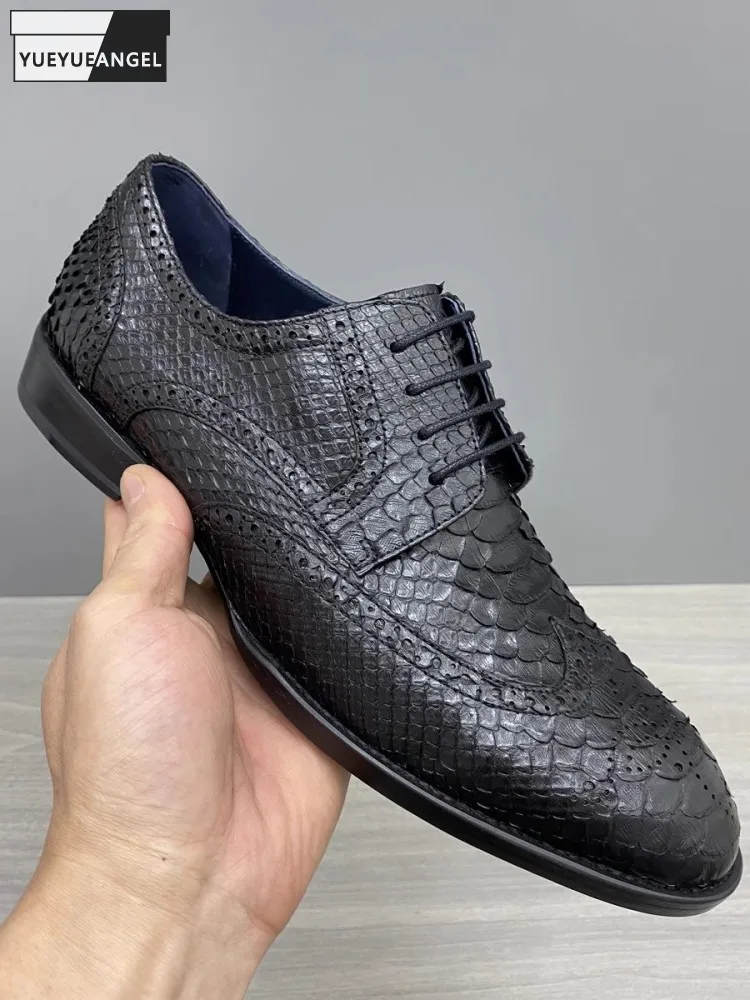 Italian Style Business Casual Office Men Dress Shoes New Lace Up Pointed Toe Snake Skin Genuine Leather Formal Derby Shoes Male