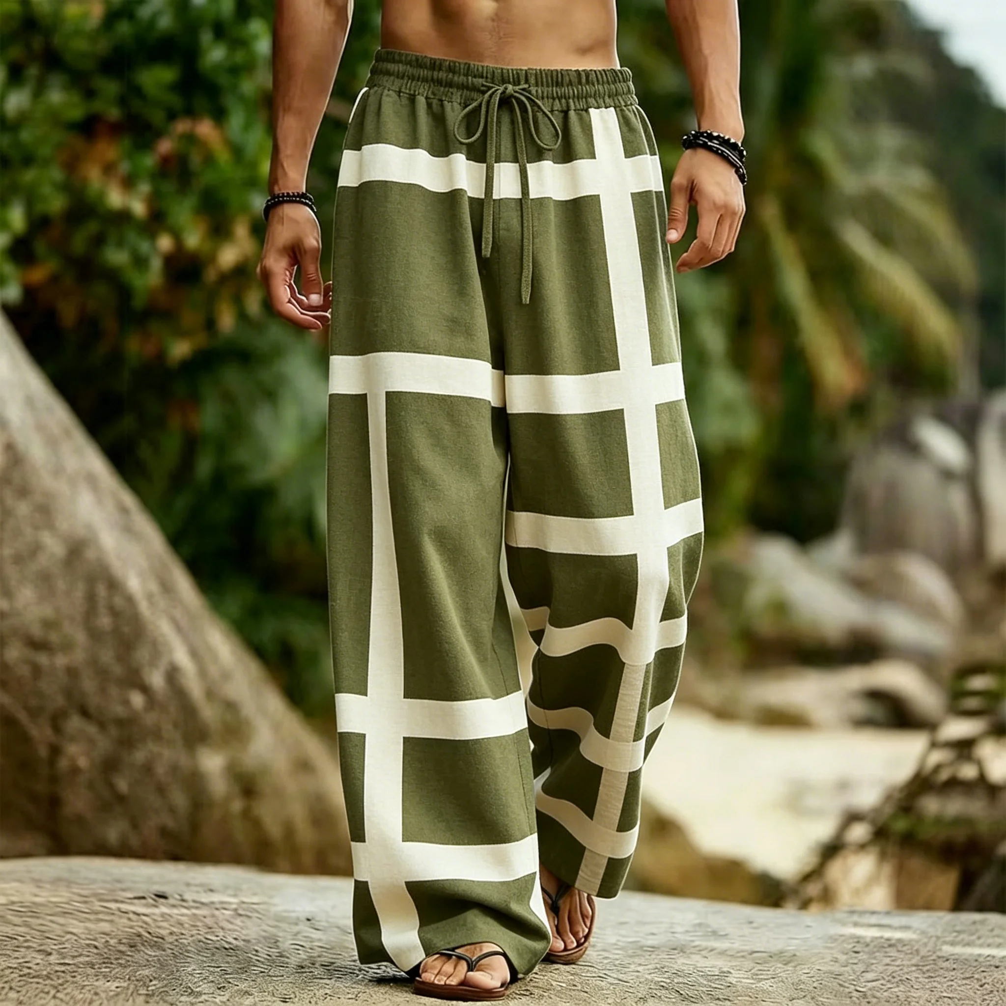 Men's Classic Navy Plaid Print Drawstring Wide Leg Pants