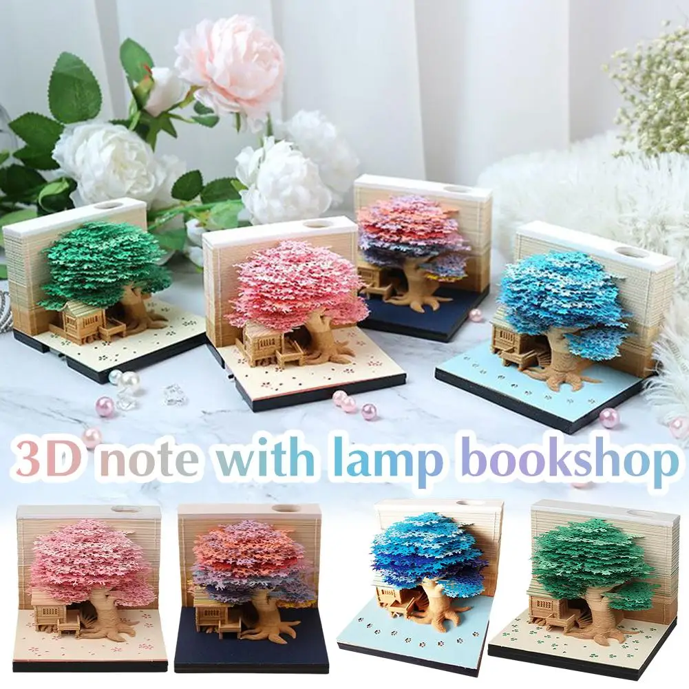 

2025 English Version Tree House With Light Paper Sculpture Desktop 3d Paper Decoration Three-dimensional Note J6b7