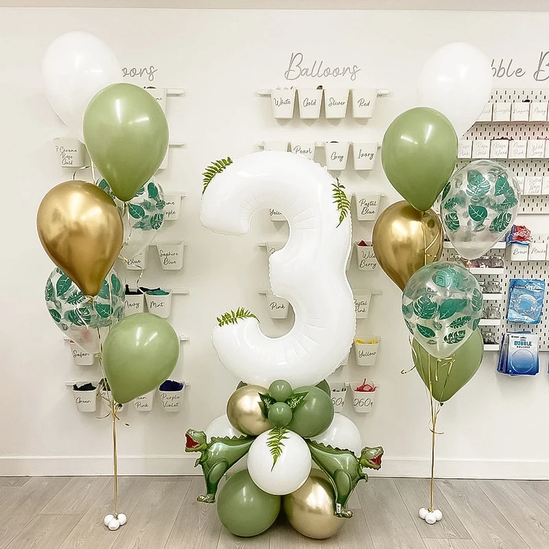 30pcs White Number 1-9 Balloons Set Green Latex Balloons Dinosaur Birthday Party Supplies Boy 1 2 3 Years Birthday Balloons