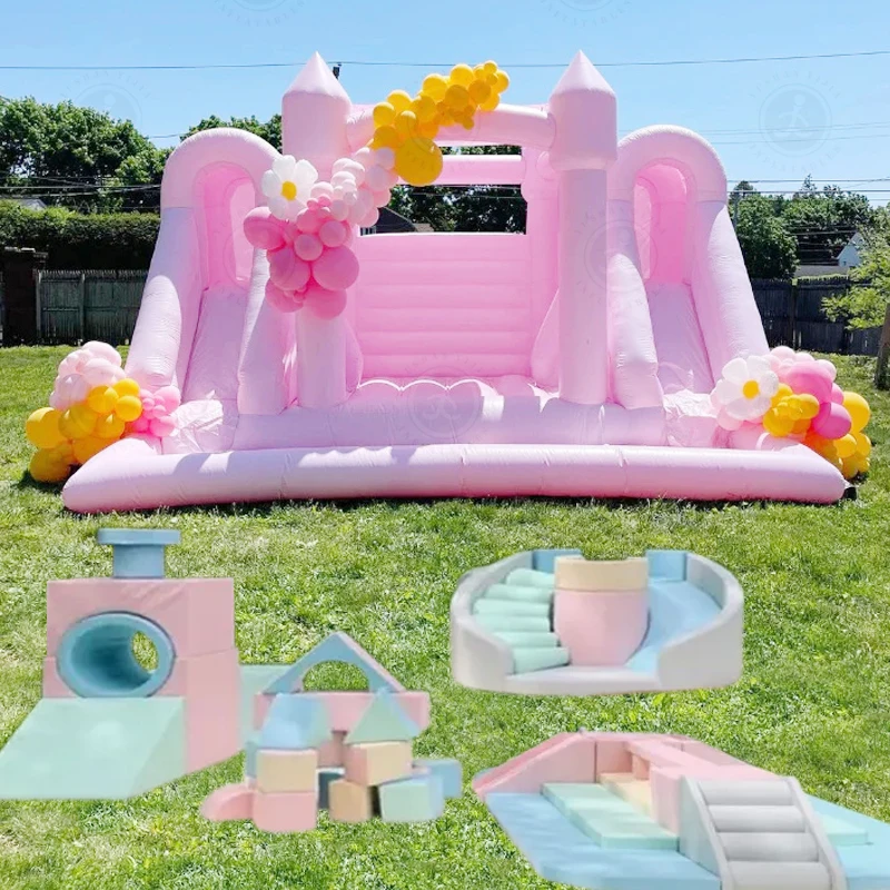 Z 4X5M Pastel Roze Blauwe Perzik Opblaasbare Bounce Huis Fabriek Leveren Bal Pit Springkasteel Indoor Speeltuin Kids Soft Play