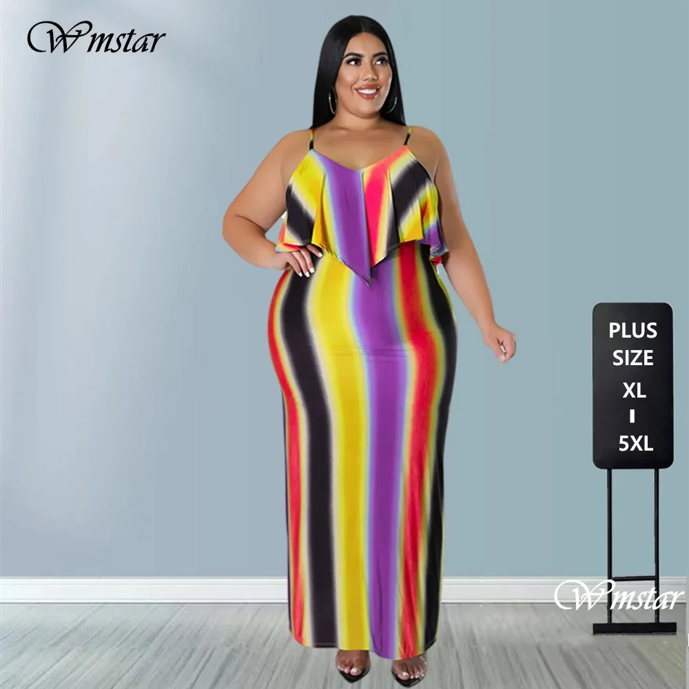 

Wmstar Plus Size Dresses for Women Clothing Striped Print Sexy Elegant Stretch Slip Evening Maxi Dresses Wholesale Dropshipping