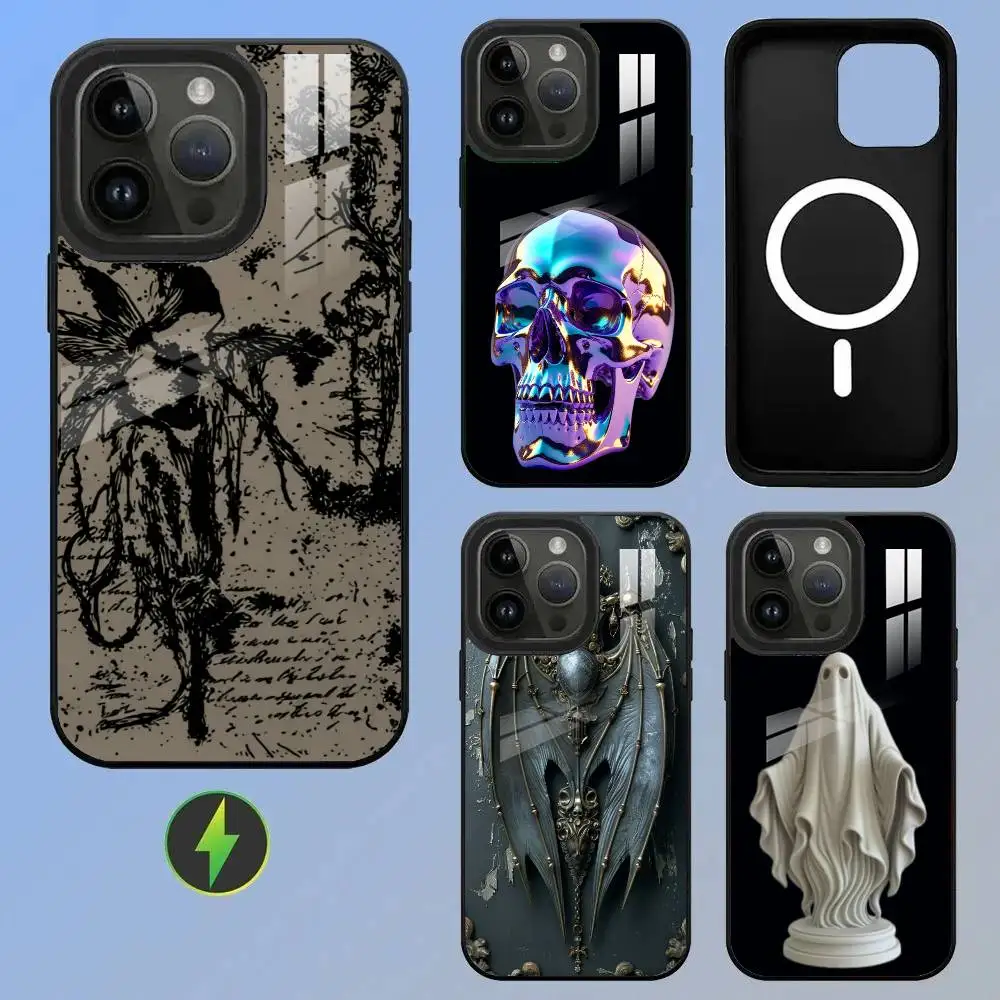 Retro Gothic Style Sculpture Wireless Charging Glass Texture Printed Phone Case For IPhone 11/12/13/14/15/16/17 Plus, Pro, Pro M