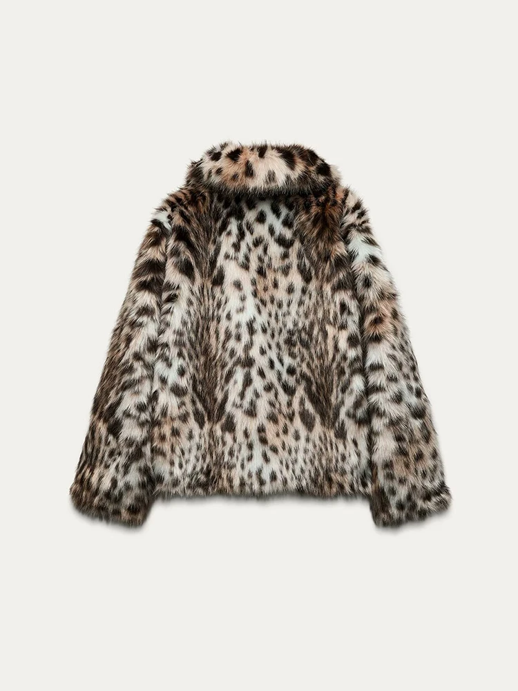 جديد إمرأة معطف فرو الفهد الاصطناعي سترة قصيرة فضفاضة لخريف/شتاء 2024