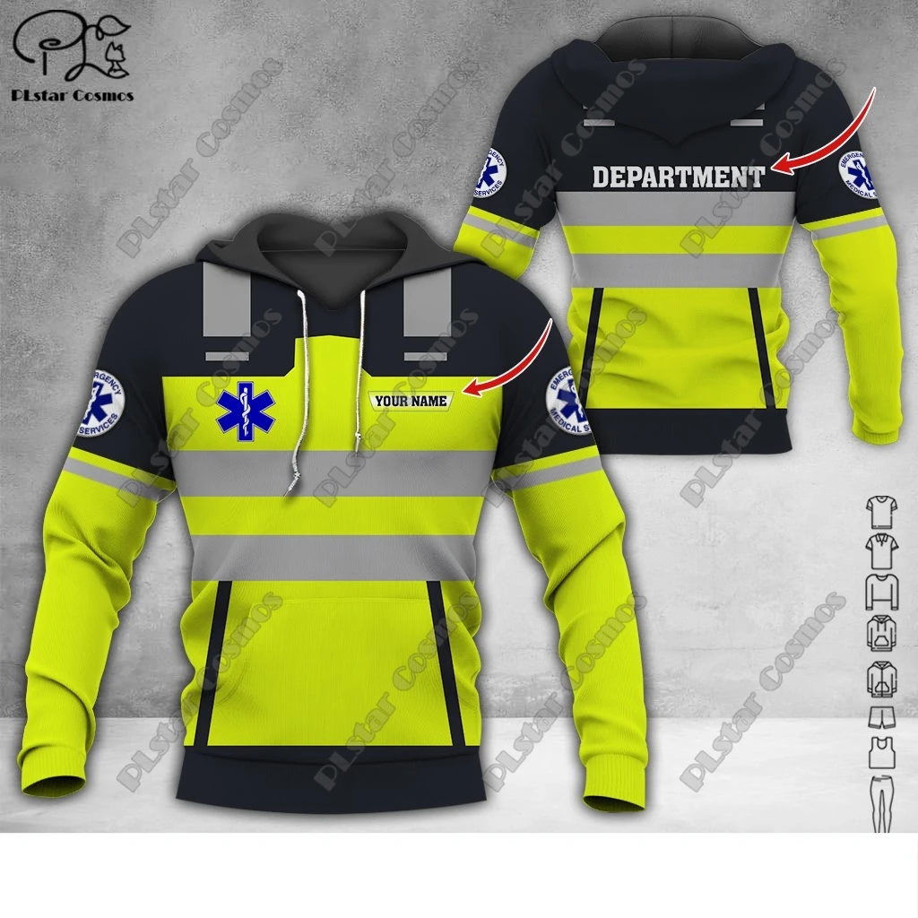 Uniforme de servicio médico de emergencia con nombre personalizado para hombres y mujeres, sudadera con capucha con estampado 3D, jersey de calle, sudadera con cremallera, A9