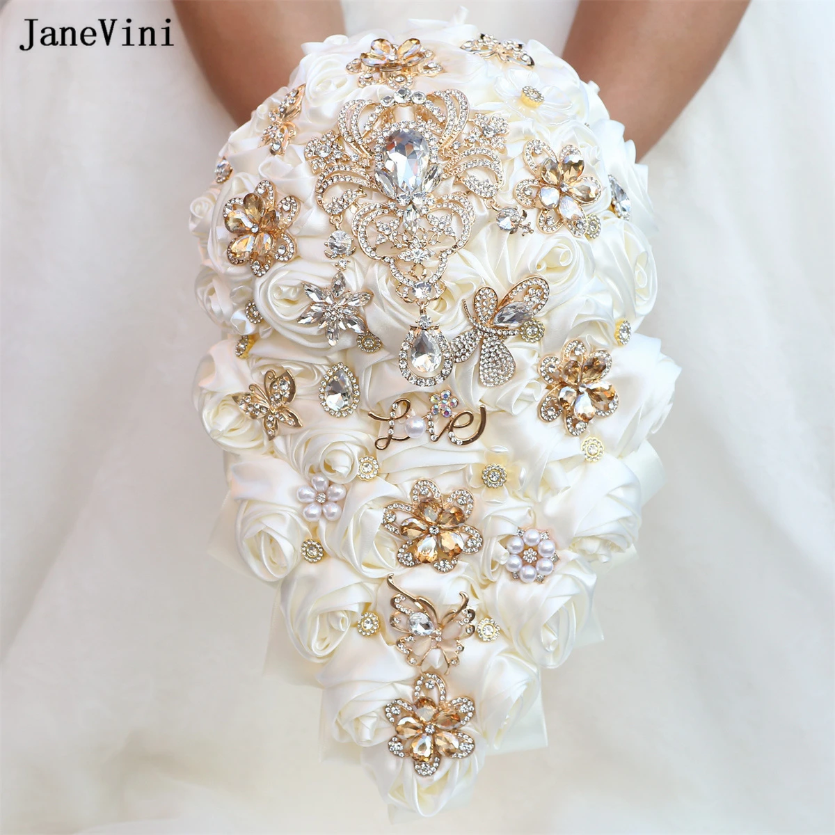 JaneVini Luxury Gold Crystal Ivory Cascading Flowers Waterfall Bridal Bouquets Artificial Satin Rose Bouquet Wedding Accessories