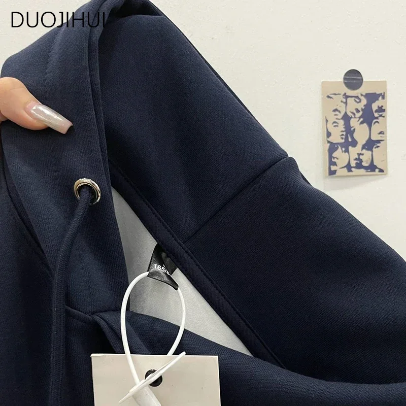 DUOJIHUI American Vintage Navy Blue Loose Women Hoodies Spring Letter Printed Fashion Drawstring Hooded Simple Female Hoodies