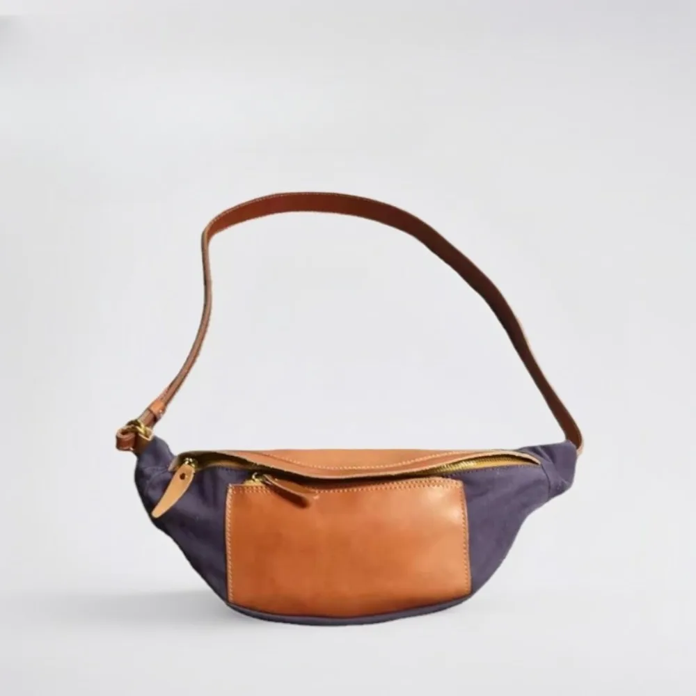 

Retrocowhide Fanny Pack Outdoor Vegetable Tanned Leather Breast Versatile Cowhide Canvas Fashion Fannypack Atmospheric Versatile