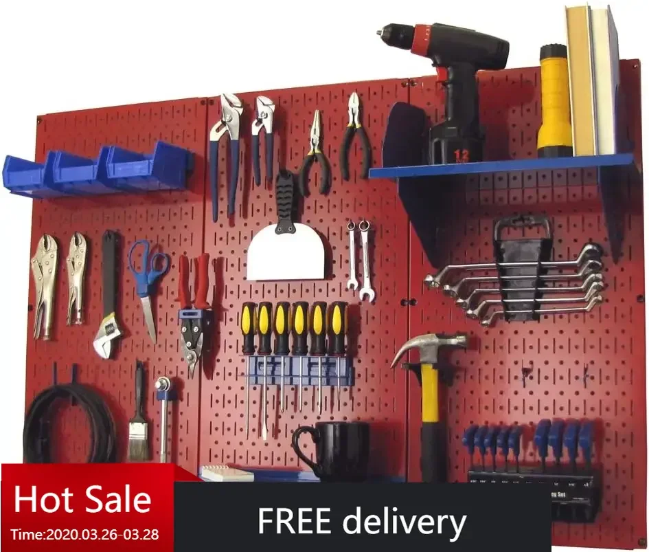 Pegboard Organizer Wall Control 4 ft. Metal Pegboard Standard Tool Storage Kit with Red Toolboard and Blue Accessories