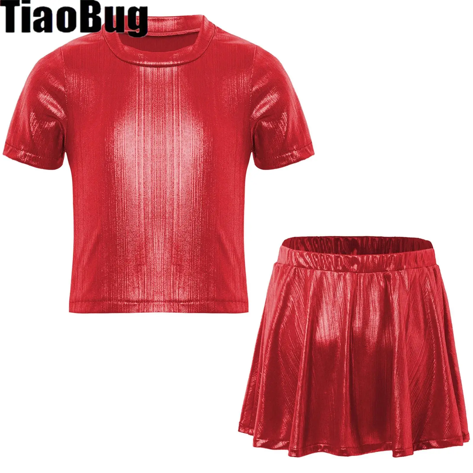 

Girls Jazz Dance Outfit Shiny Metallic Crop Top with Shimmery Ruffled Skirt Sets for Hip-Hop Cheerleading Performance Dancewear
