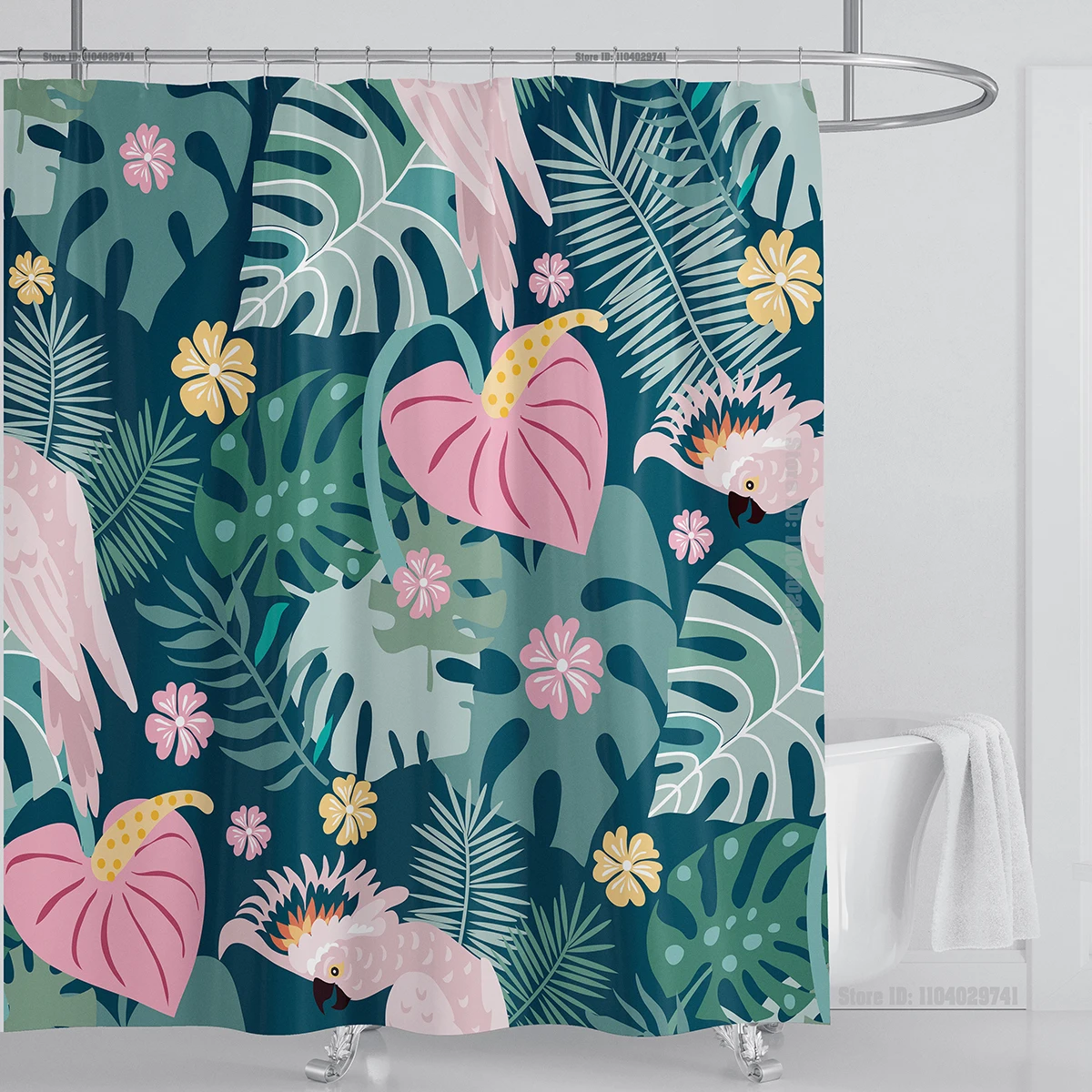 Bohemian Shower Curtain Tropical Jungle Wildlife Bathroom Set Modern Pink Aesthetic Parrot Floral Bathroom Curtain With Hooks