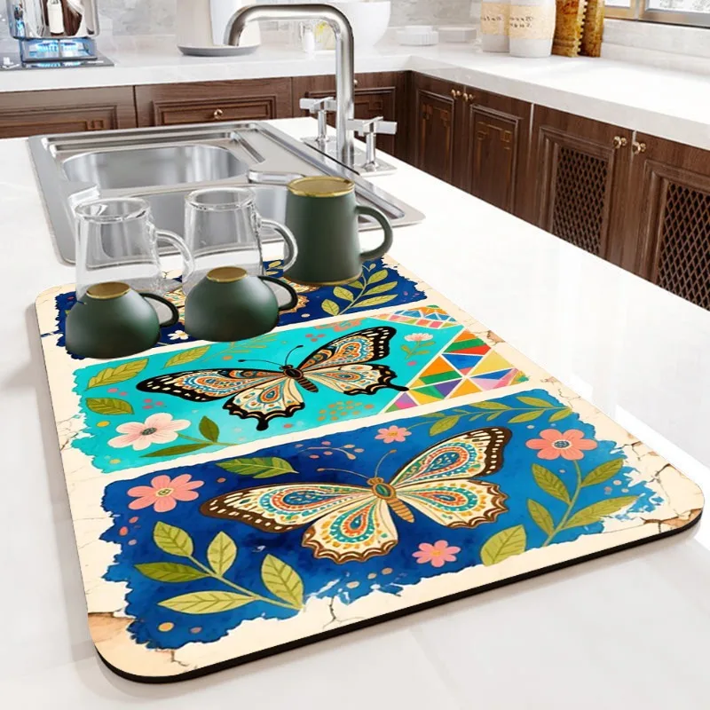 Boho Colorful Butterfly Heart Patchwork Drain Pad Quick Dry Absorbing Anti Slip Washable Kitchen Sink Counter Decor