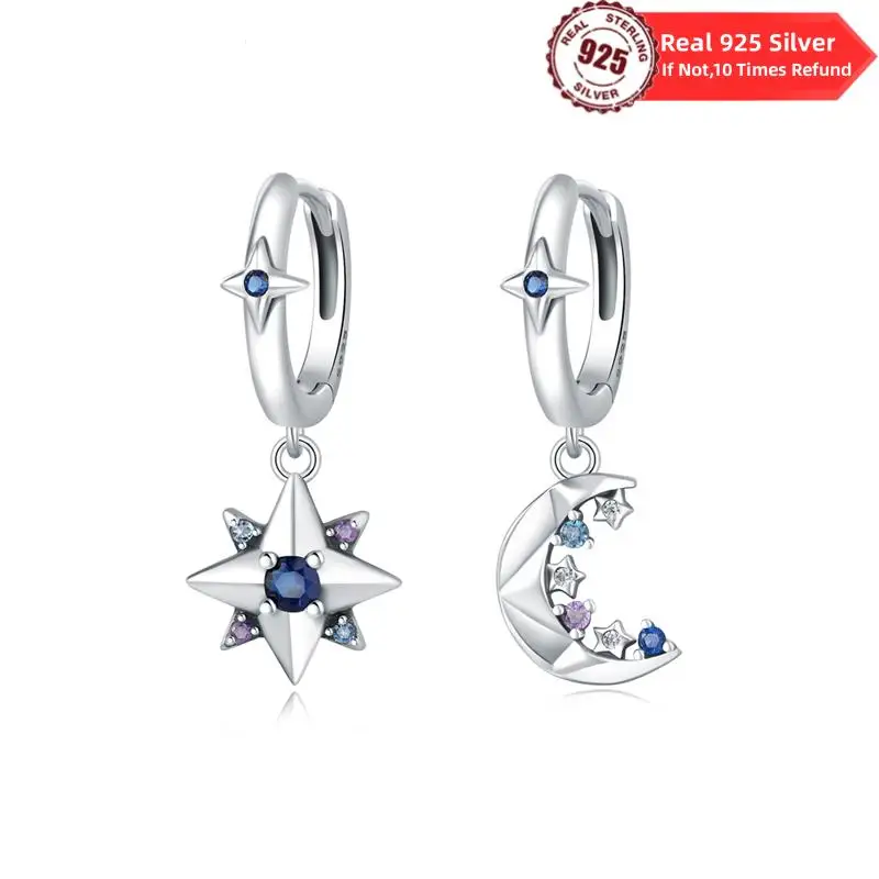 925 Sterling Silver A Pair Star And Moon Earrings Fit Original Charms Hoop Earrings For Women Girls Stud Earring Fine Jewelry