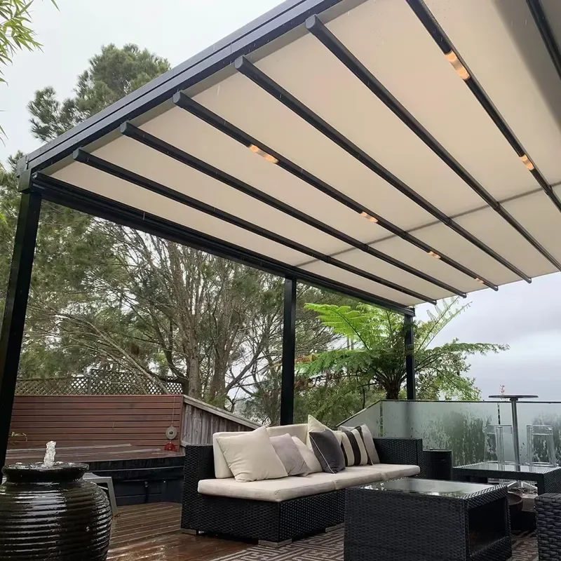 Amas Outdoor Motorized Retractable Folding Awning Pergola Sunshade Rainproof PVC Roof for Garden Gazebo LED for Amas