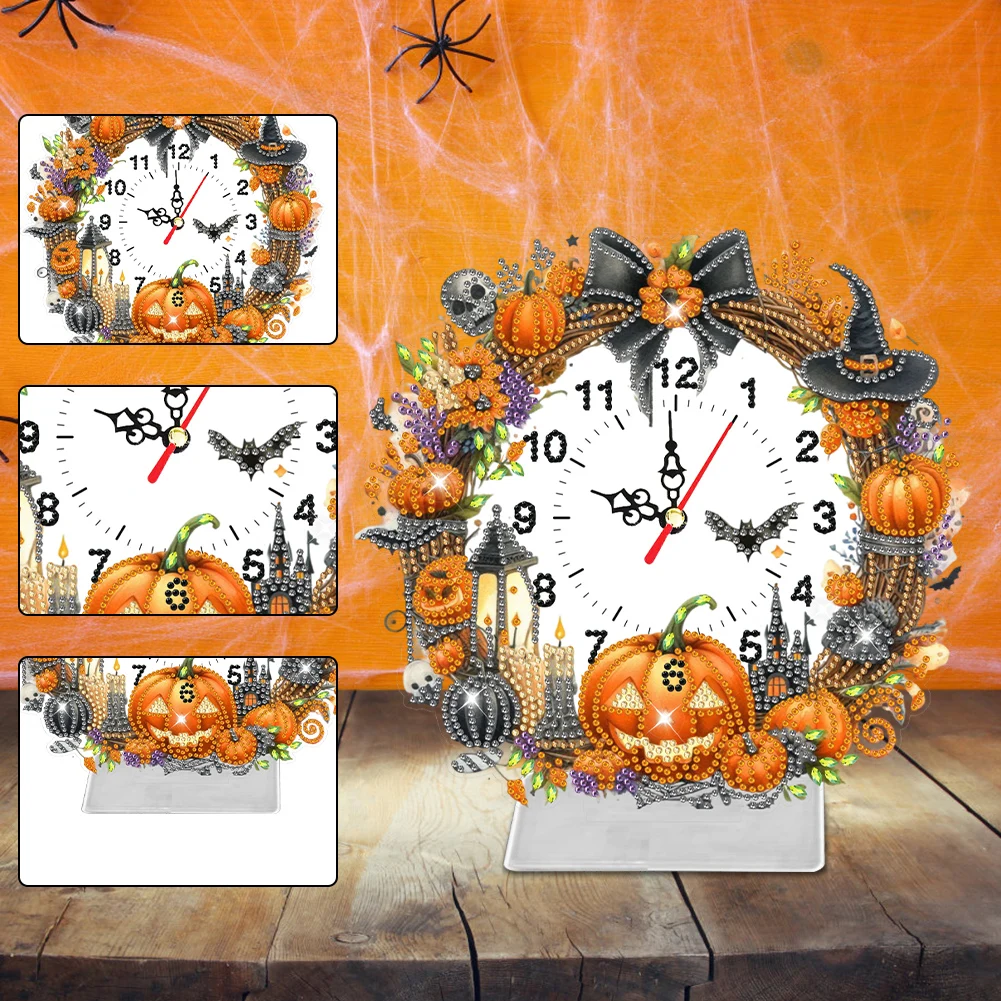 

5D Acrylic Special Shaped Diamond Painted Clock Crystal Diamond Drawing Halloween Pumpkin Clock Kit Halloween Decoration 2024