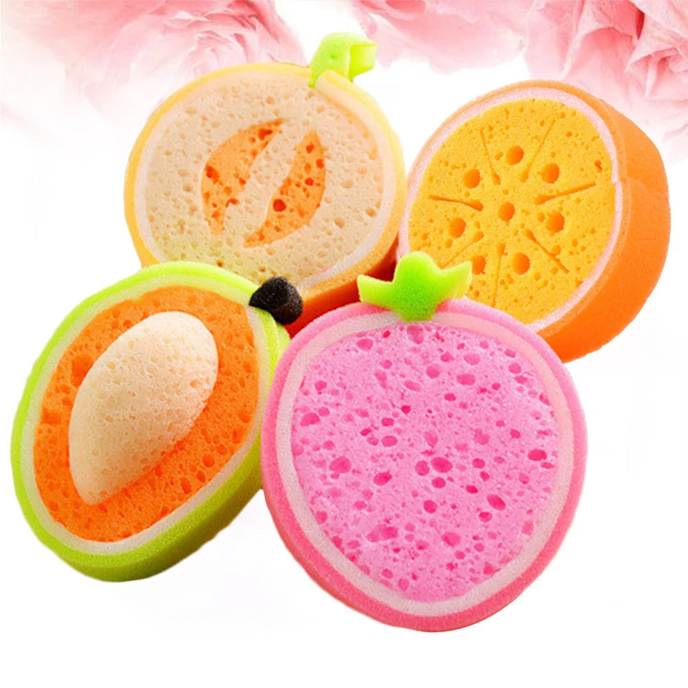 4 Pcs Loofah Shower Sponge Bath Scrubber for Body Kids Wash Tool Lovely Sponges Fruits Shaped Ball Child