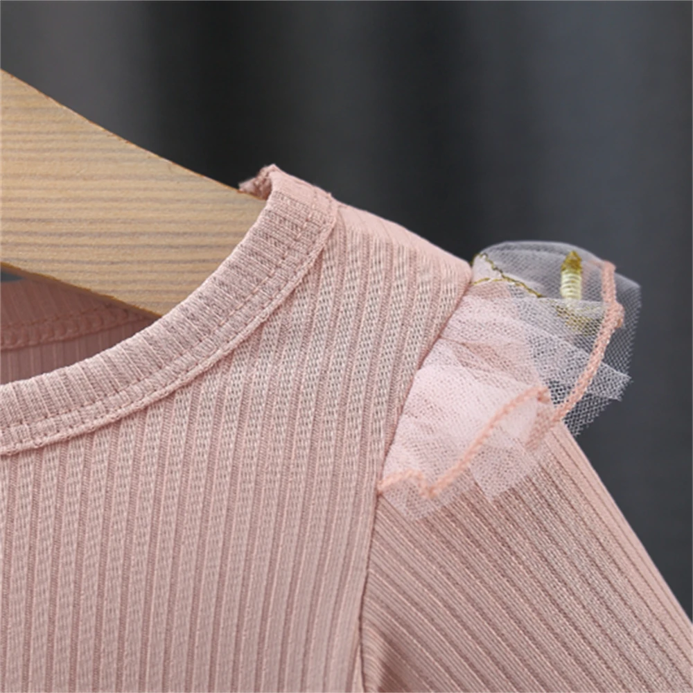 فستان شبكي بأكمام طويلة للبنات الرضع ، بلوزة بلون سادة ، ربط بقوسين ، زهرة ، لطيف ، ربيع ، خريف ، جديد