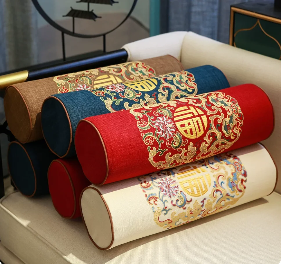 Red Chinese Style Fu Embroidery Bolster Pillow Linen Cotton Long Cylindrical Neck Roll Cushion for Home Wedding Sofa Decoration