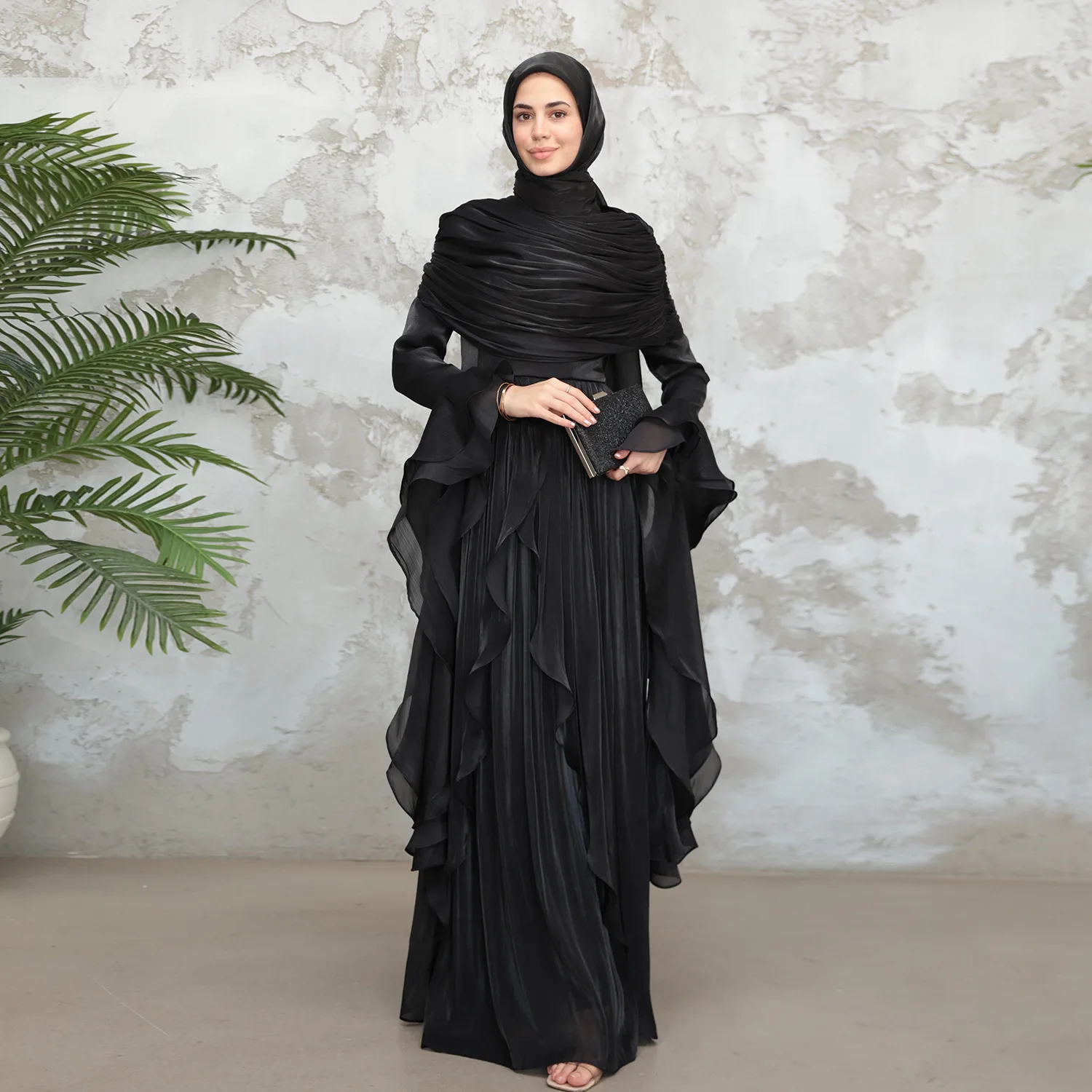 

Elegant Luxury Shawl Style Dress for Women Ruffles Sleeves Long Dresses Female Muslim Abaya Dubai Kaftan Islam Jalabiya Caftan