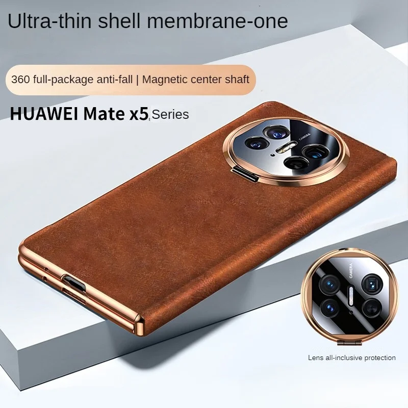 Oil Wax Leather Case for Huawei Mate X5 Axis Non-Sense Lens Holder Shell Film Integrated Protective Case for Huawei Mate X3