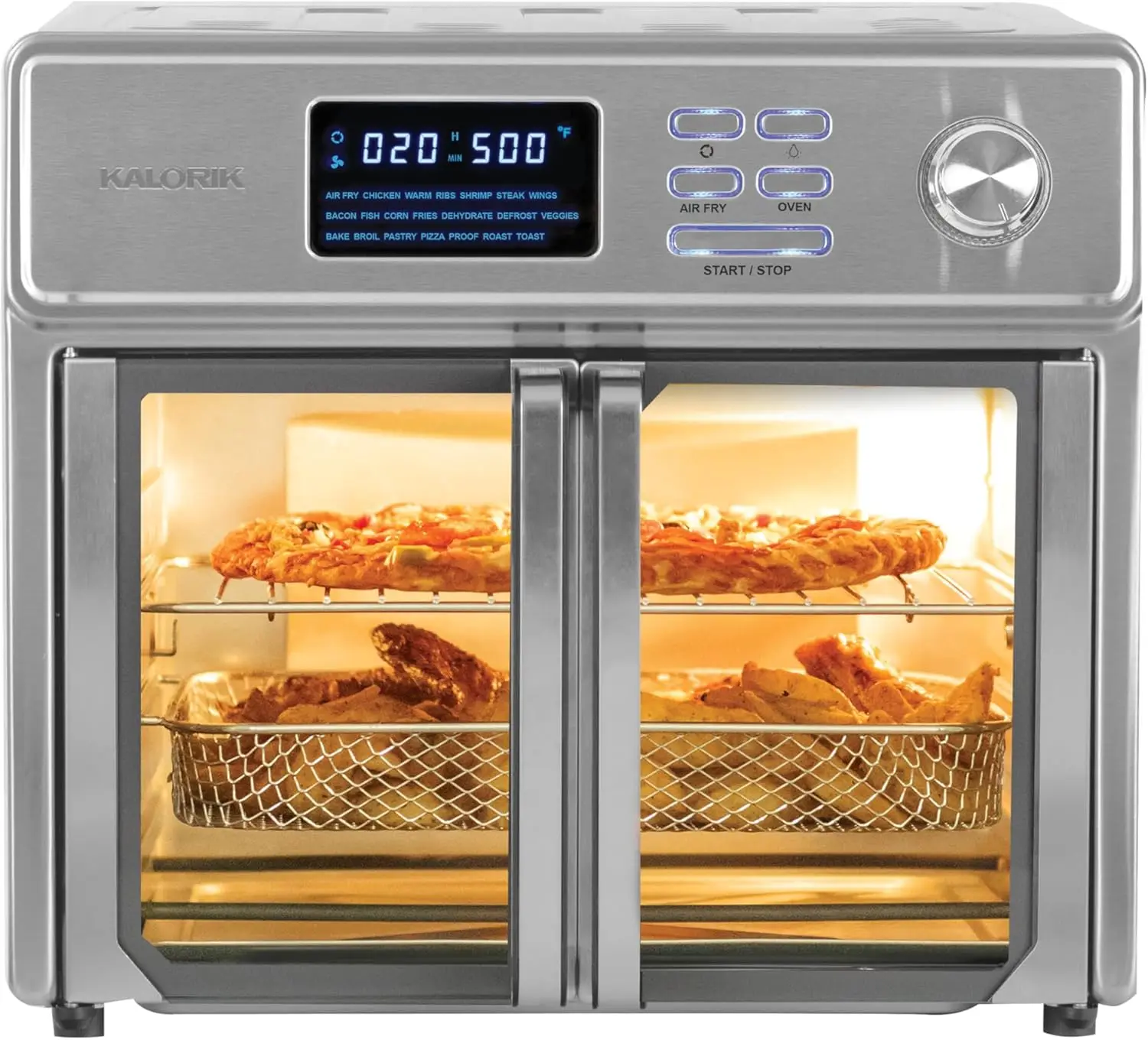 Combinatie van 26 liter, 10-in-1 broodroosteroven en luchtfriteuse, 21 voorinstellingen tot 500 graden, inclusief 9 accessoires en kookboek