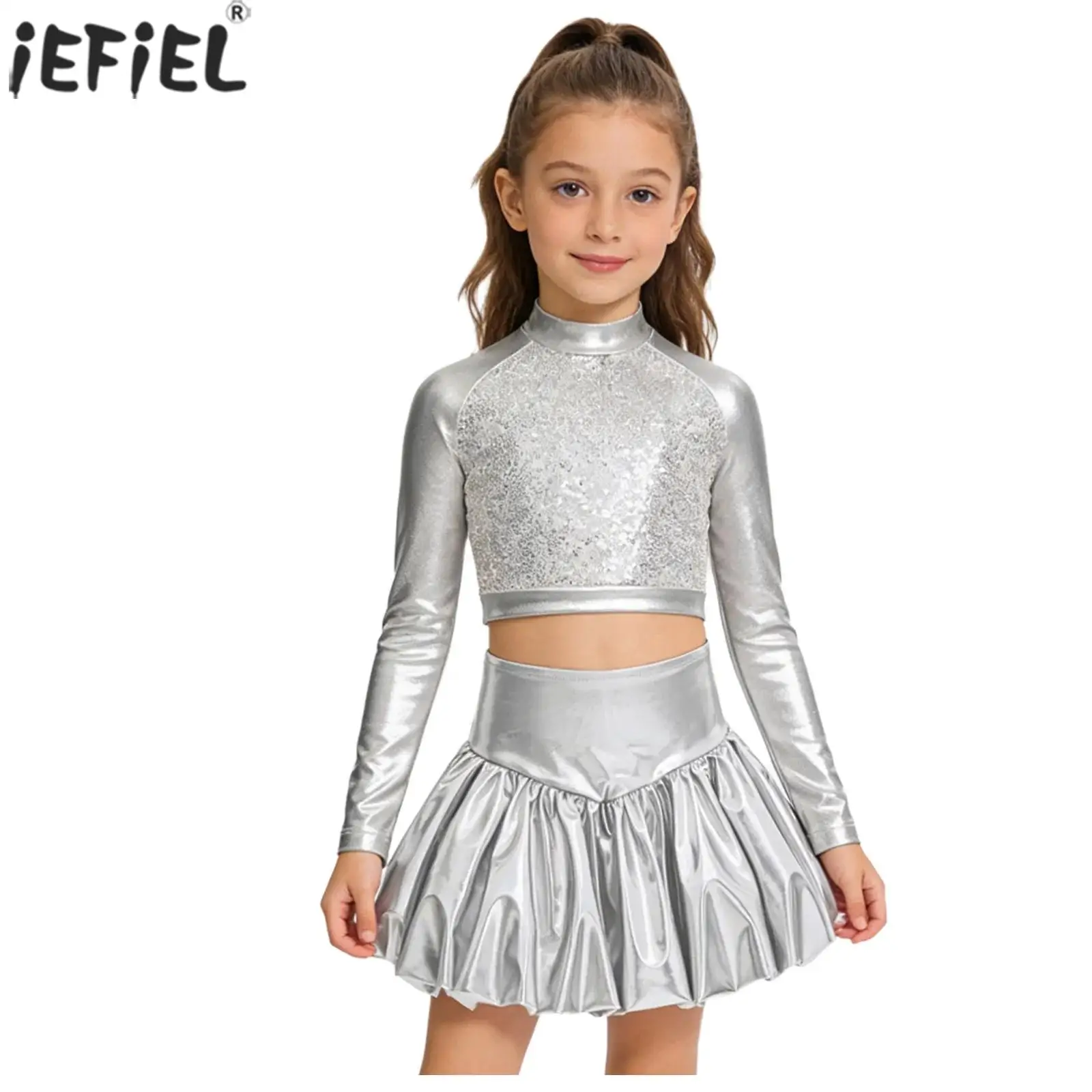 Kids Girls Metallic Shiny Jazz Hip Hop Dance Cheerleading Outfit Long Sleeve Sequins Crop Top with Bubble Skirt Stage Dancewear