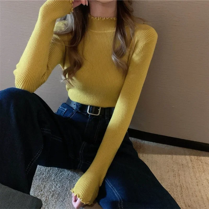 

Пуловеры с полувысоким воротником, женские осенние пуловеры для отдыха, винтажные простые трикотажные изделия с длинными рукавами, тонкие однотонные женские популярные удобные
