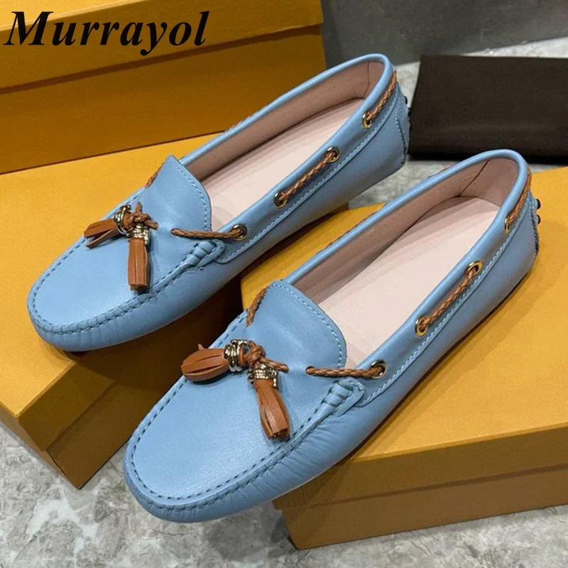 

Genuine Leather Versatile Loafers Women Tassels Decor Shallow Mouth Flat Shoes FourSeasons Soft Soled Solid Color Single Shoes