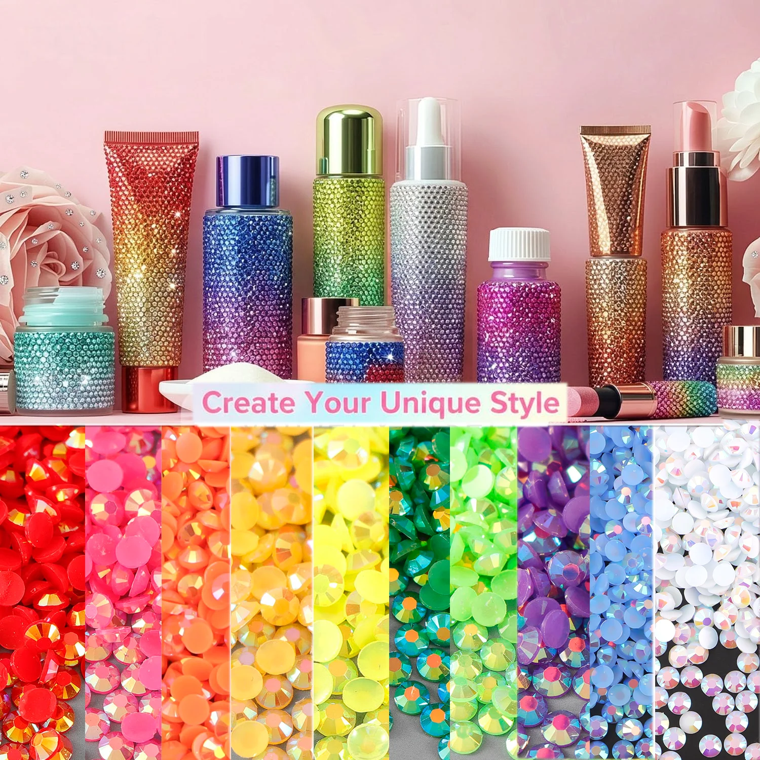 Resin Art Bottle - 3MM multi-color flat back rhinestone, used