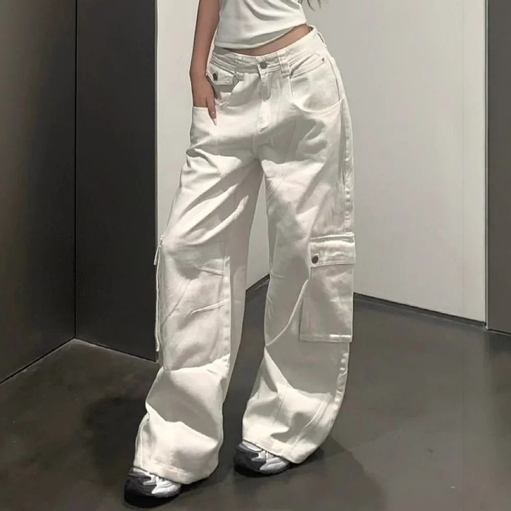 

Jeans Summer K-Fashion Solid Front Button Pocket High Waist Full Length Straight Loose Woman Clothing Jeans