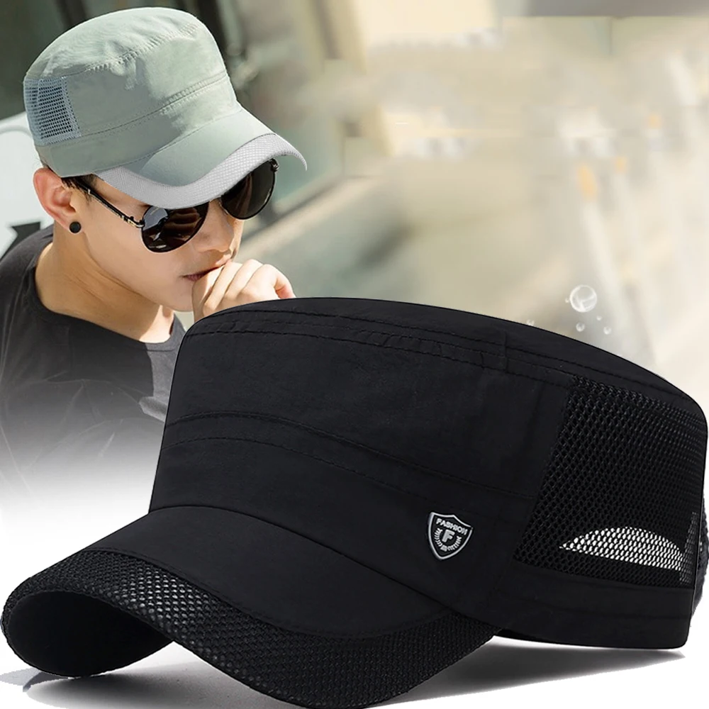 2024 Summer Mesh Flat Top Hats Men Quick Drying Breathable Visor Caps Outdoor Sunshade Sun Hat Train Exercise Cap