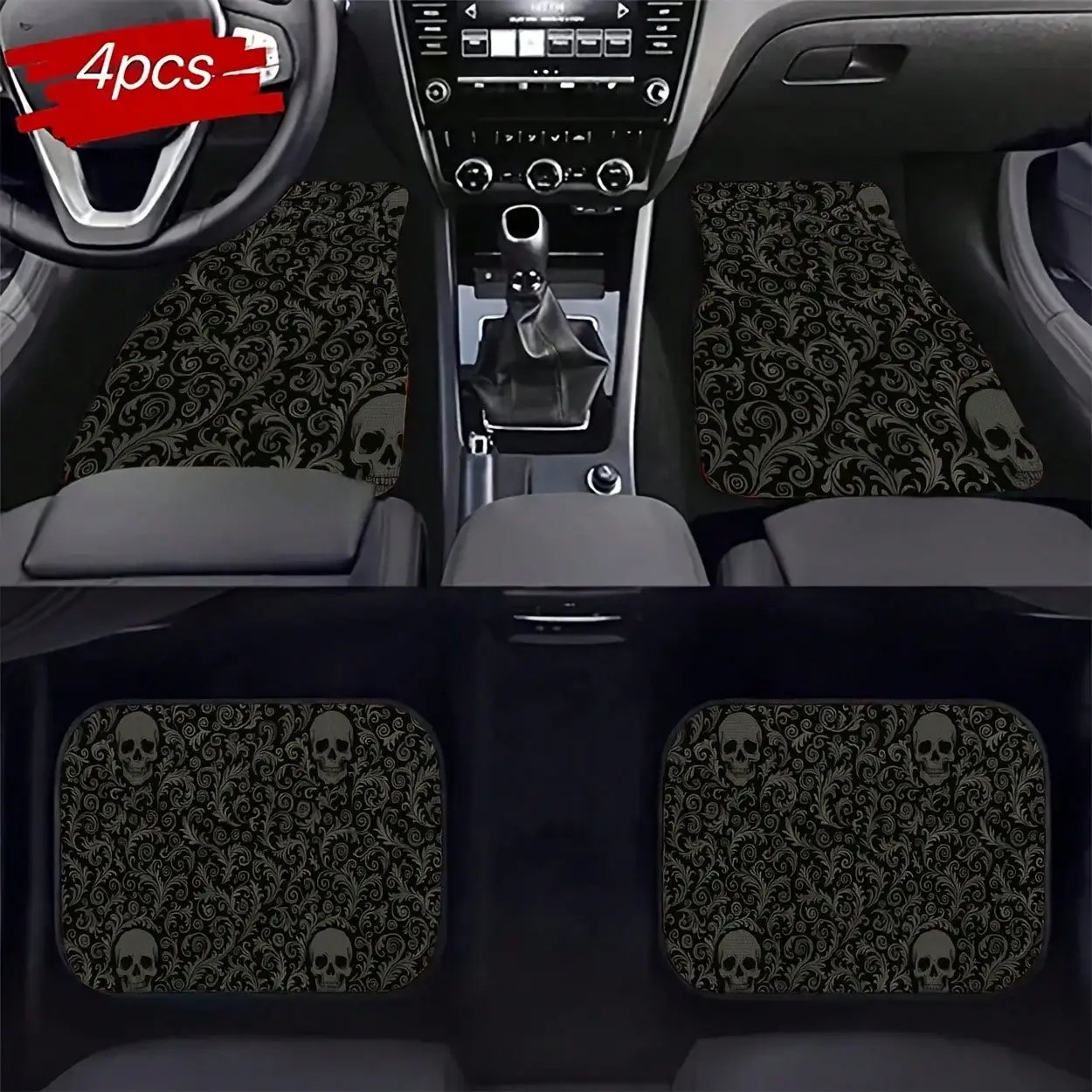 4pcs Set Of Universal Car Floor Mats, Skull Pattern Design, Dark Style Digital Print Car Floor Mats, Fashionable And Versatile,