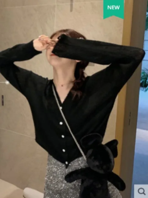 Blue Knitted Open Cardigan Women's 2025 New Sle oulder awl with Strap Skirt Outer Cover Thin Sweater Jaet