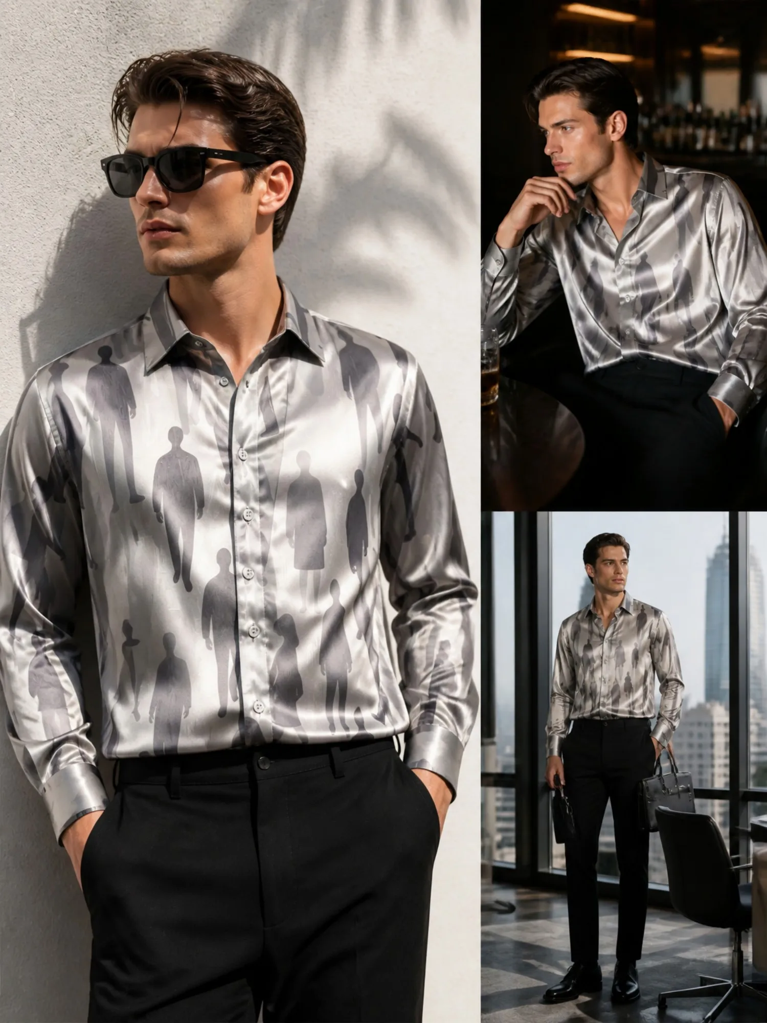 Mens Satin Long Sleeve Button Down Printed Dress Shirt Modern Smooth Fabric Daily For Business Commute Office Work Everyday Wear