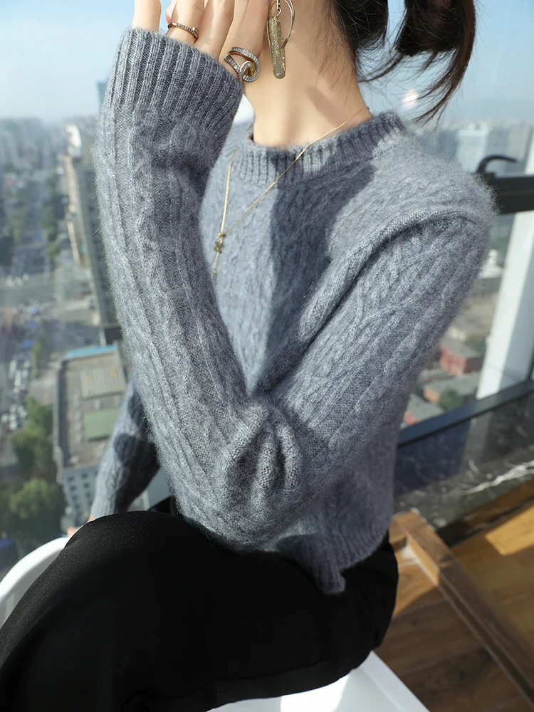 Gray Women's Pullover Sweater 100% Merino Wool Knitwear Autumn Winter Thicken Short Style Cashmere Twist Flower Round Neck Tops