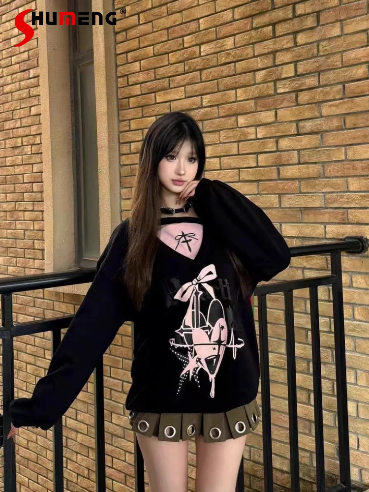 

Модные субкультуры, милые крутые толстовки с v-образным вырезом и длинными рукавами для девочек, свободные универсальные повседневные пуловеры Y2K, топы для женщин, осень