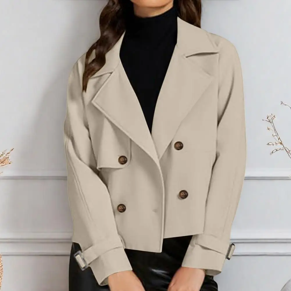 Womens Cropped Trench Coat Casual Long Sleeve Double Breasted Jacket Notched Lapel Short Blazer With Pockets Spring Fall Outwear