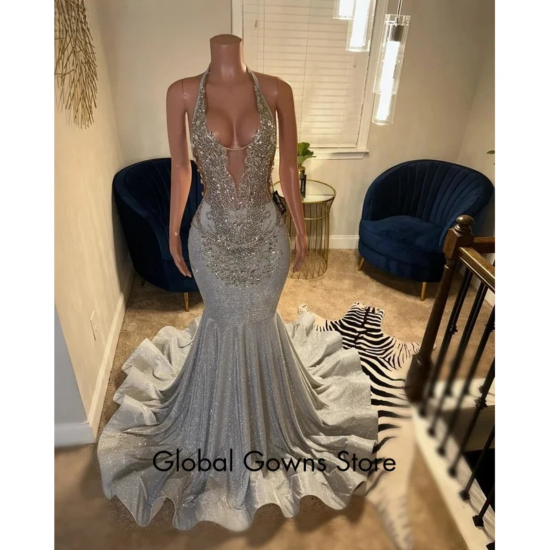 Aangepaste glitter zilveren Afrikaanse zeemeermin galajurk voor zwarte meisjes strass kralen feestjurk vestidos de gala e3p231