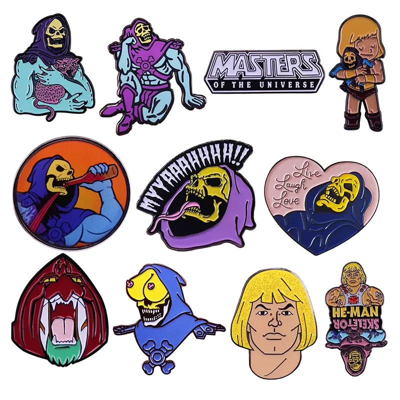 Alfileres esmaltados de He-Man y los Maestros del Universo, esqueleto, calavera, espada, varita, broche de Metal para Halloween, insignia, accesorios, regalos
