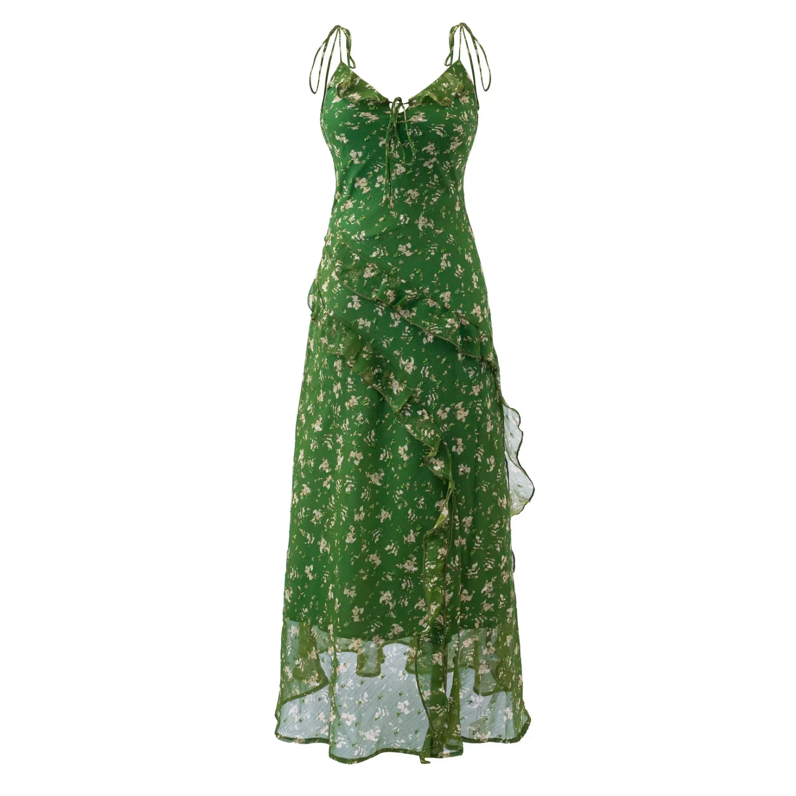 Vacation Style Green Floral Print Wrap Belt Long Women's Dress Drawstring Slim Fit A-Line Skirt Summer Season Casual Wear