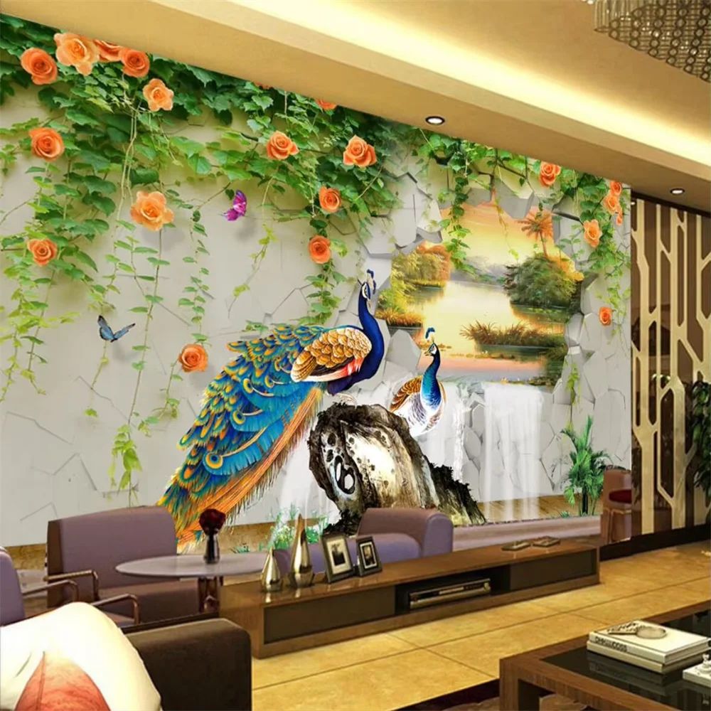 

Пользовательские настенные украшения с павлином для гостиной, современные 3D настенные обои, декор для спальни, ТВ-фон, художественные наклейки, украшение для дома