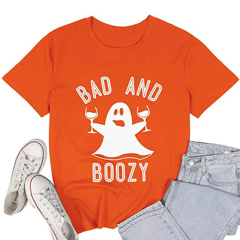 

Womens Halloween T-Shirt Bad and Boozy Shirt Boozin Ghost Halloween Graphic Short Sleeve Tee Top Shirts Skull T Shirt