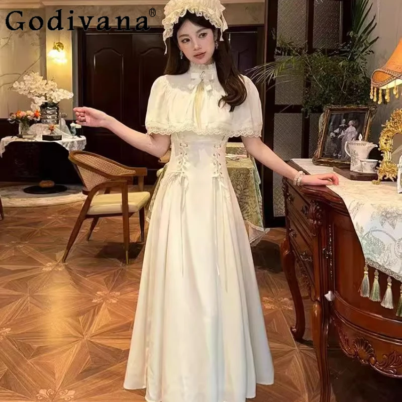 

Белое элегантное платье в прозрачном стиле для девочек, японское кружевное длинное платье с французской талией, женское кружевное платье принцессы Лолиты