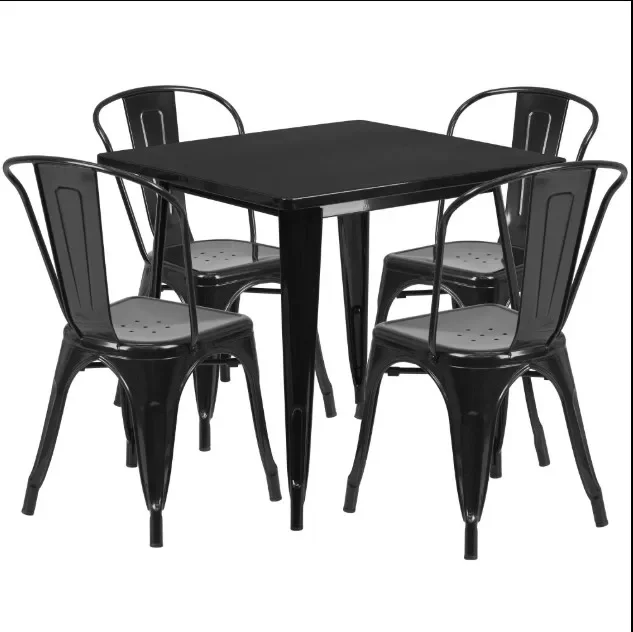 Commercial Metal Black Industrial Restaurant Dining Table and Chair Sets