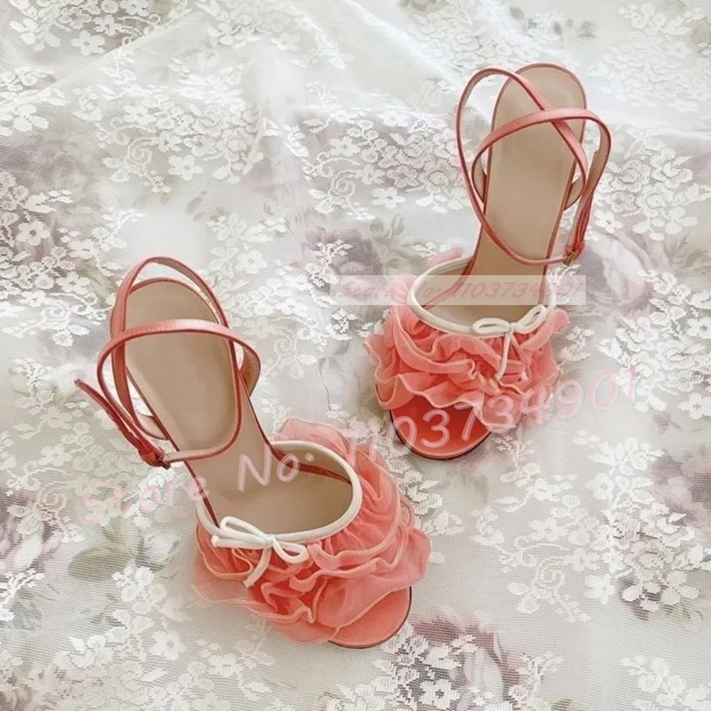 Pink Tulle Ruffle Mid Heel Slingback Sandals Women Elegant Flower Thin High Heels Shoes Ladies Fashion Open Toe Satin Sandals
