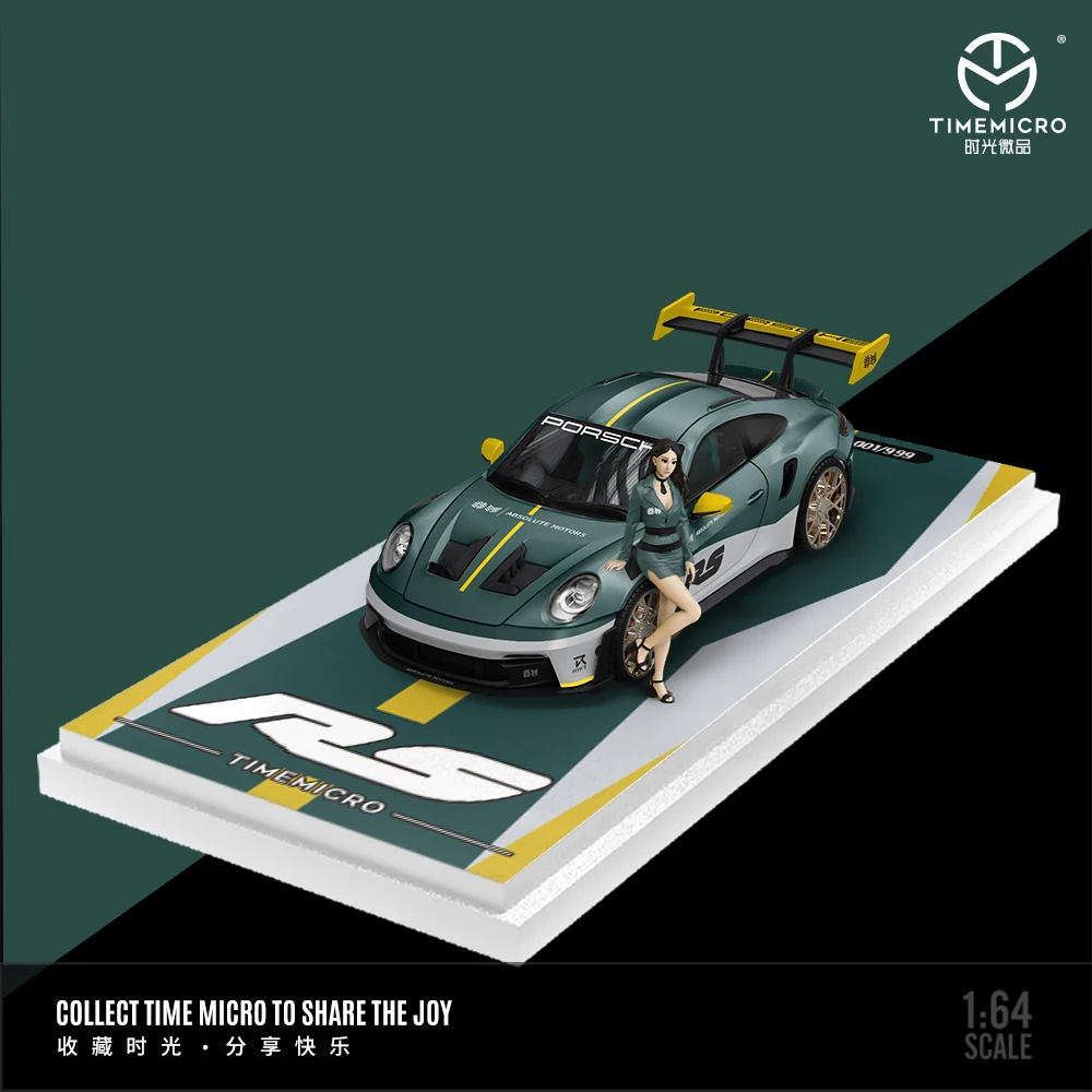 Time Micro 1:64 992 GT3 RS Silver Green Wide Body Diecast Model Car Metal Chassis Acrylic Display Collection Model Ornaments